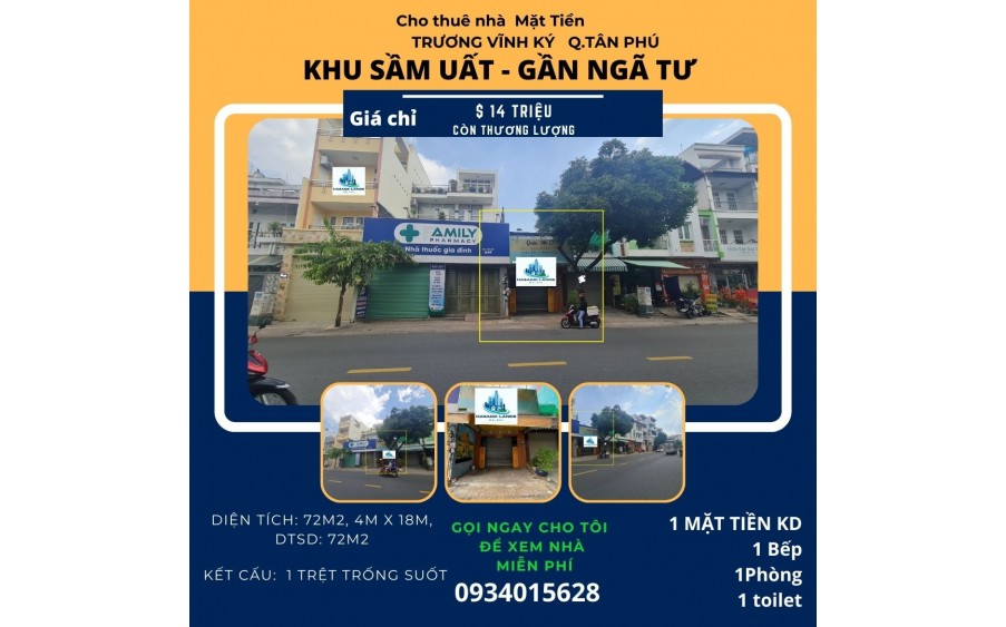 CỰC SỐC - Cho thuê nhà Mặt Tiền Trương Vĩnh Ký 72m2, 14 Triệu- Gần NGÃ TƯ